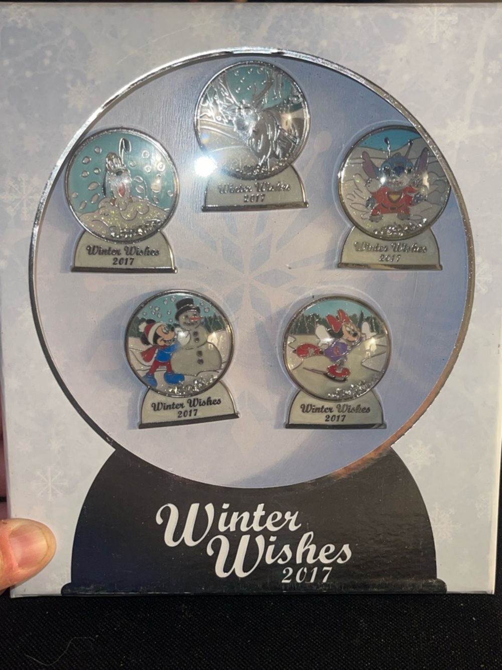 Disney Winter Wishes 2017 Silver Blue Snow Globe Pin Set